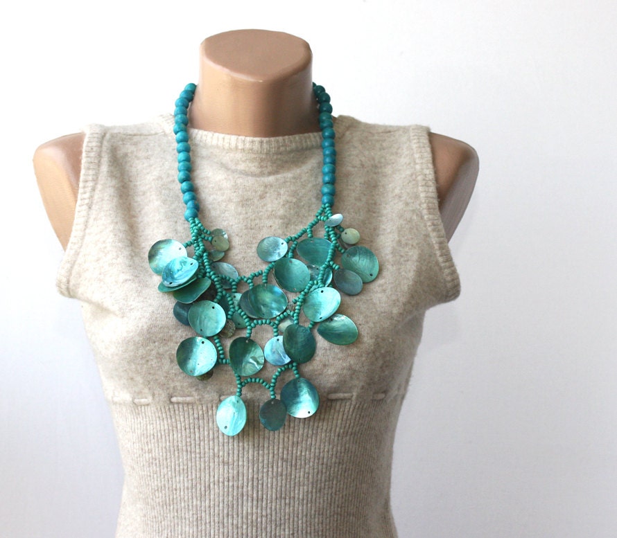 Statement necklace - turquoise blue bib necklace - summer beach necklace - wood and mother of pearl beaded necklace