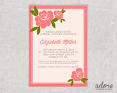 Coral Pink & Green Rose Floral Bridal or Baby Shower Invitation - Choose your colors