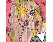 Outsider art  whimsical girl face long blond hair cartoon mixed media illustration. DOWNLOADABLE original art. PDF download printable.