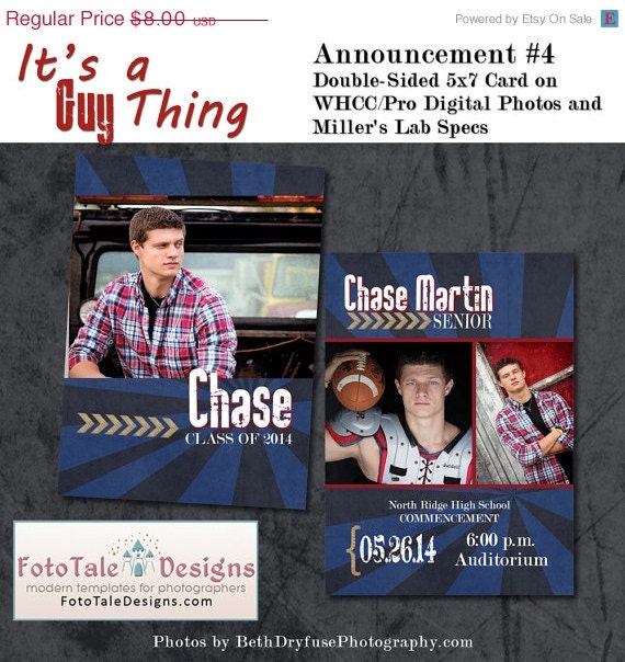 SALE INSTANT DOWNLOAD - It's a Guy Thing Graduation Announcement No. 4- photo templates on Whcc, Miller's Lab and ProDigitalPhotos Specs