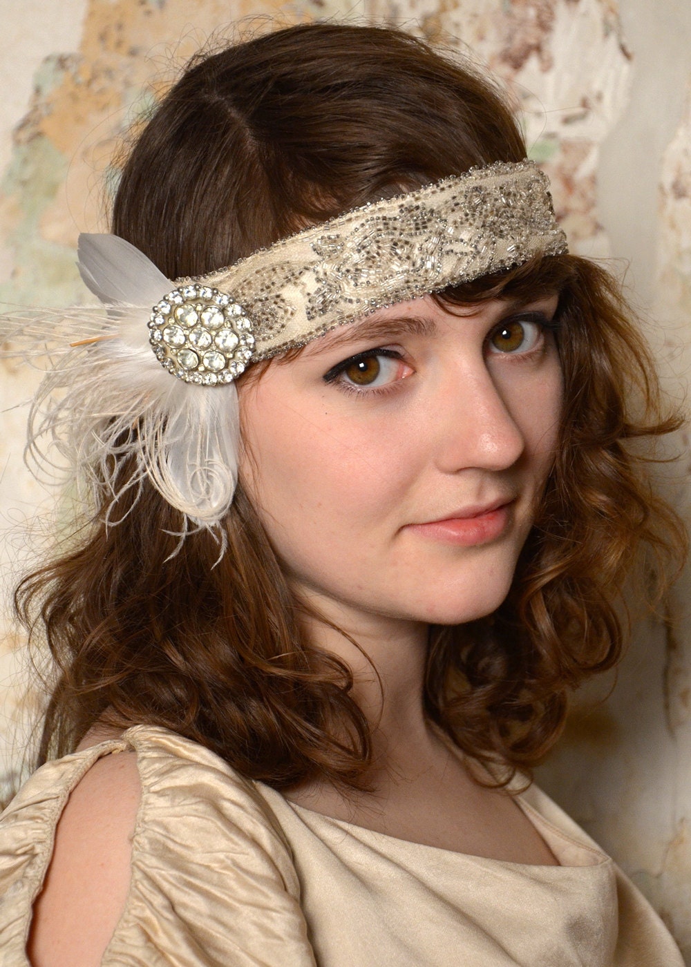 1920s beaded net lace flapper headband in ivory and silver with antique rhinestones and ivory and white feathers -  ready to ship