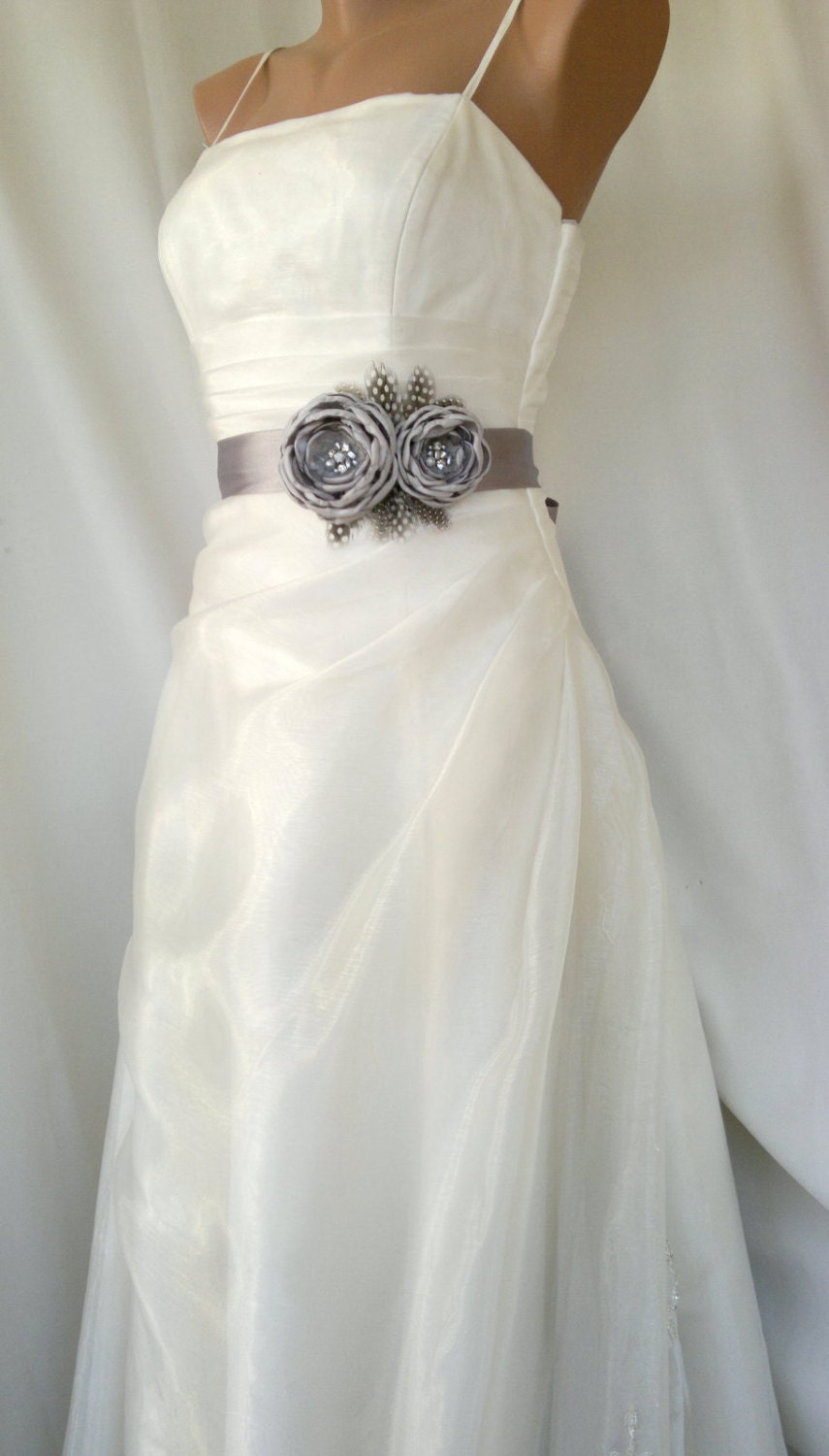 Handcraft Grey Two Flowers With Feathers Wedding Bridal Sash Belt