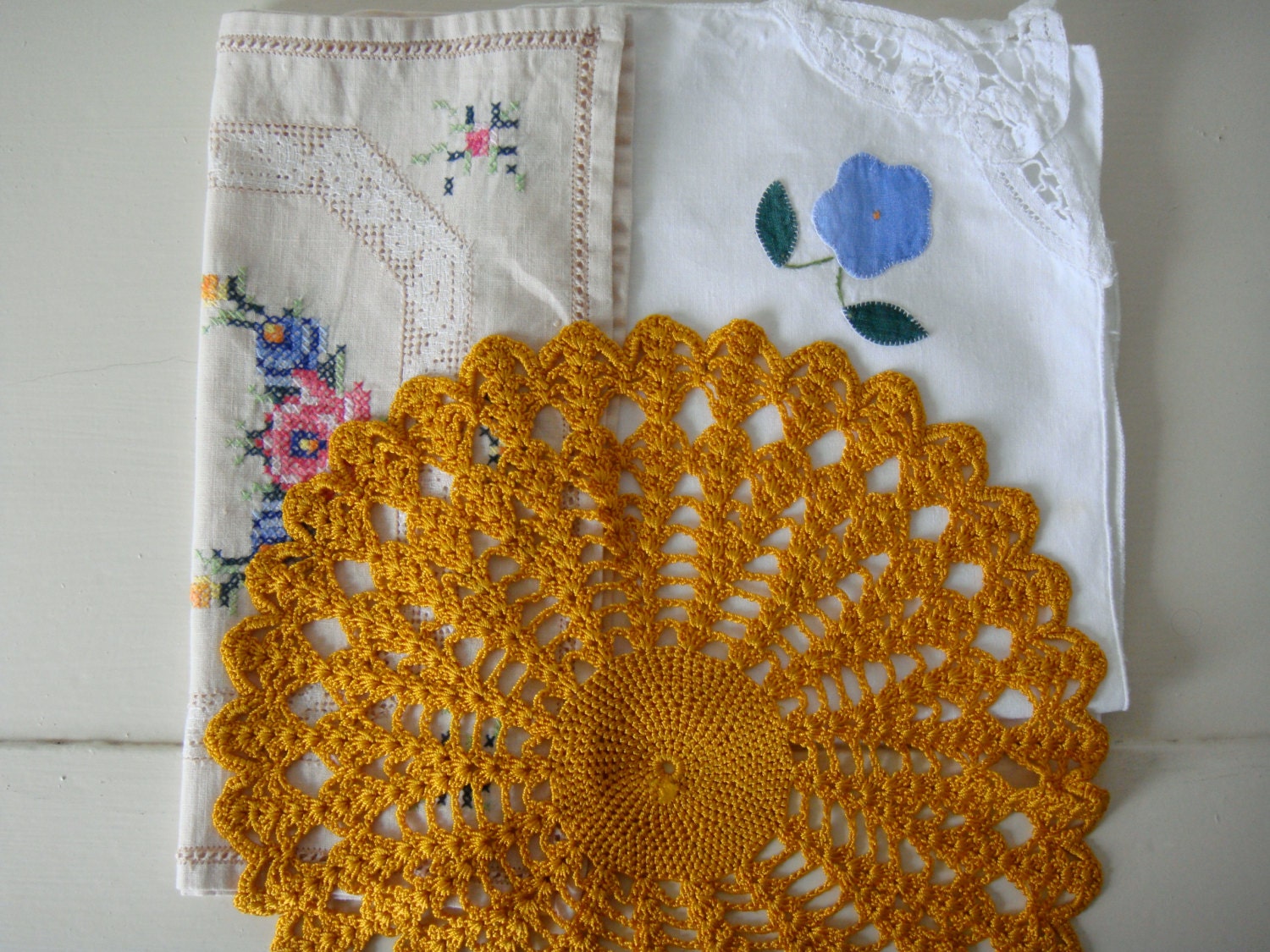Vintage cross stitch applique crochet doily