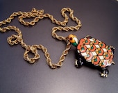 Beautiful Turtle Enamel Brooch Necklace and Chain