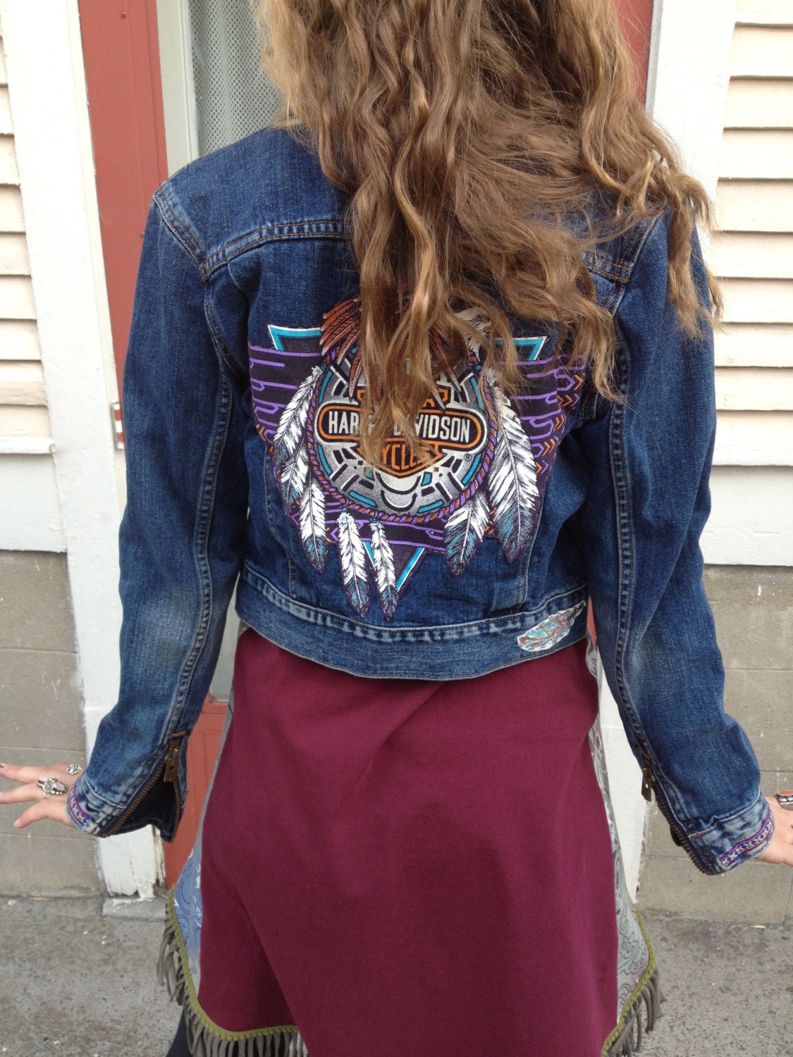 Eco  Denim Jacket,  Size XS- L, festival, vintage Levi jacket, Harley Davidson applique,southwestern style, patchwork, urban,funky  by Zasra