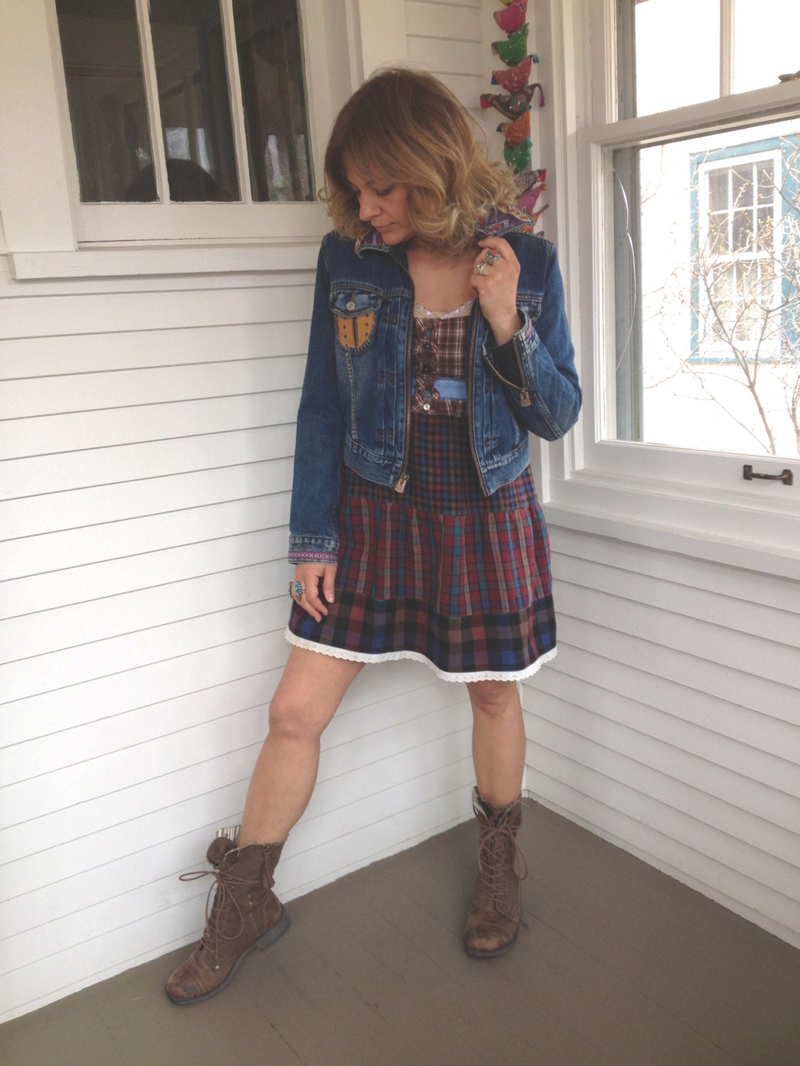 Jumper tank DRESS, size M/L, upcycled clothing, folk, hippie, festival,shabby chic, rustic, plaid, chambray denim pockets, by Zasra