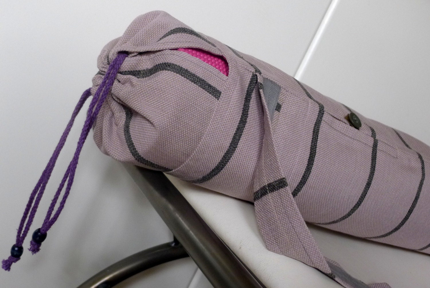 Lilac Grey Ticking Stripe Yoga Mat Bag