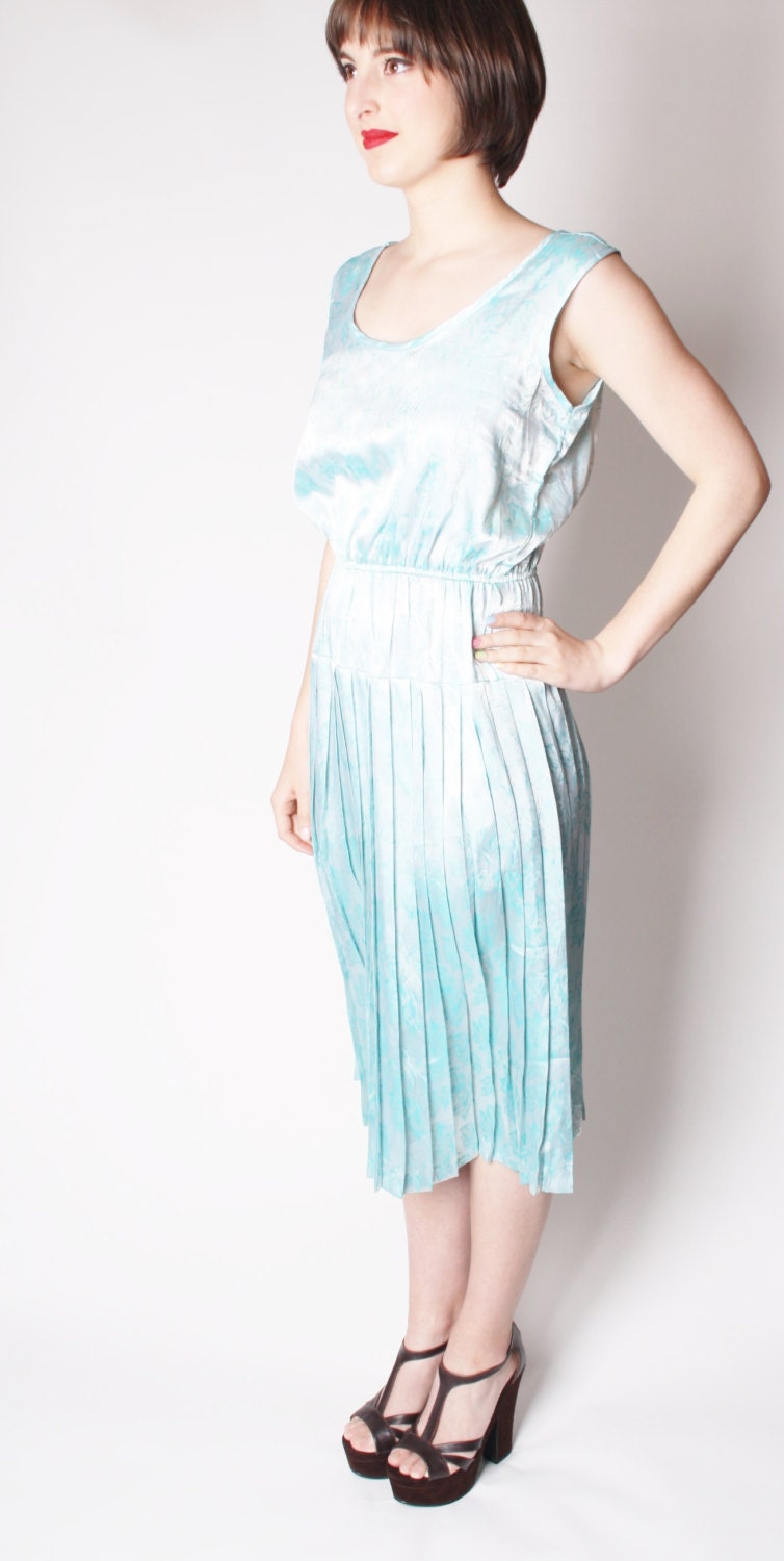 Vintage 80s Does 20s Pastel Turquoise Blue Drop Waist Pleated Skirt Art Deco Style Flapper Dress with Metallic Liquid Brocade Floral 2105