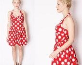 Vintage Red and White Polka Dot 1980s Cotton Bombshell Summer Dress with Sweetheart Neckline / Halter Dress / Short Dress / Dresses / 1729