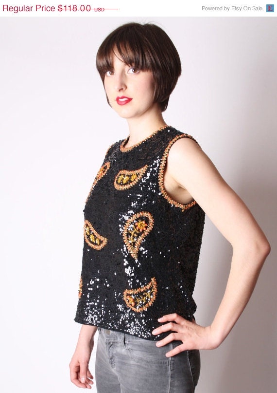 Vintage Black Sequin 1960s Orange Paisley Beaded Cocktail Top / Cropped Top / Black Sequins / Black Top / Soft Grunge / Mod / 1904