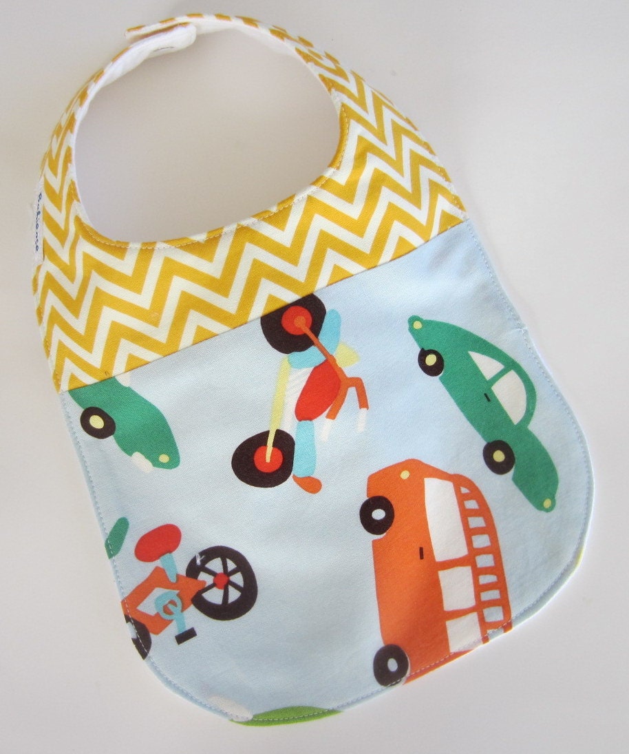 Baby BOY Bibs-  Retro Cars, Motorcycle / Yellow Chevron Baby Bib / Perfect for Teething