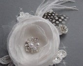 Wedding bridal accessory fascinator mini 2 inch Ivory silver hair flower small hairpiece clip lace rhinestone pearl crystal