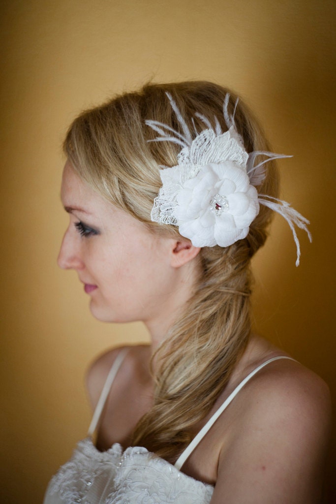 Wedding fascinator Bridal Soft White hair flower headpiece accessory rose  lace french feather rhinestone crystal pearl
