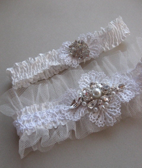 Wedding Garter set  Ivory White rustic Heirloom silver vintage inspired White Lace on Ivory Band with Pearl Rhinestone
