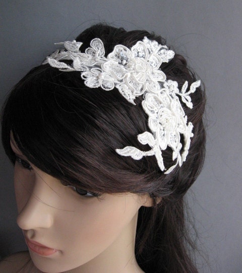 Ivory bridal lace hair head piece, lace headband flower girl, wedding accessory, bridal fascinator hairpiece vintage weddings beaded pearls