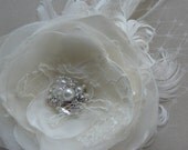 Bridal hair accessories, Ivory Hair Lace flower, wedding Hairpiece accessory, fascinator feather, veil tulle rhinestone pearls lace flower