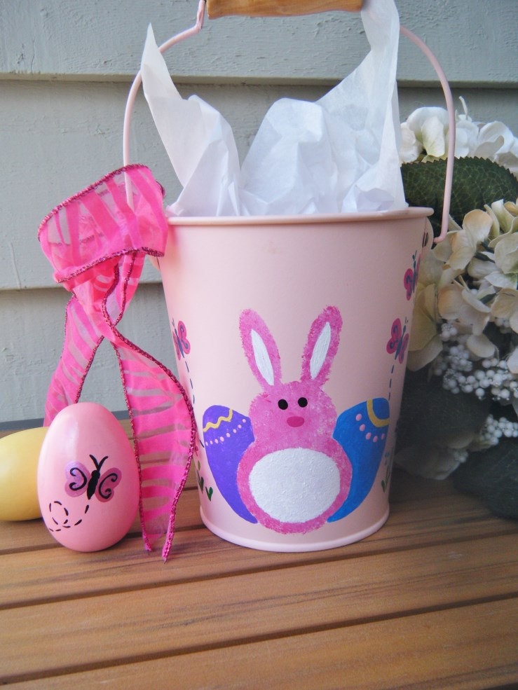 Easter Bucket Personalized - Easter Basket - Hand Painted Easter Bunny