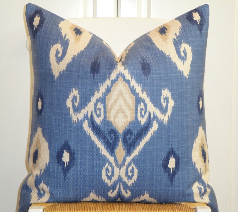 Decorative Pillow Cover - 20 x 20 or 18 x 18 - Throw Pillow - Accent Pillow  - IKAT- Blue - Light Tan - Sofa Pillow