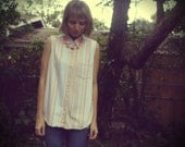 Oversize Sleeveless Chambray Button Up Top with Neon Rainbow Stripes