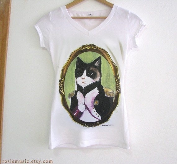 The Elegant Cat / Cotton V neck t-shirt M/L