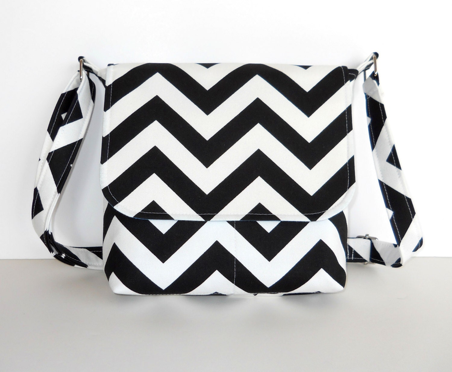 Small Black Chevron Purse, Zig Zag Messenger Bag - Black and White