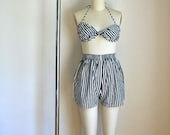 vintage 80s 2pc swimsuit - MALIBU black & white striped playsuit / S