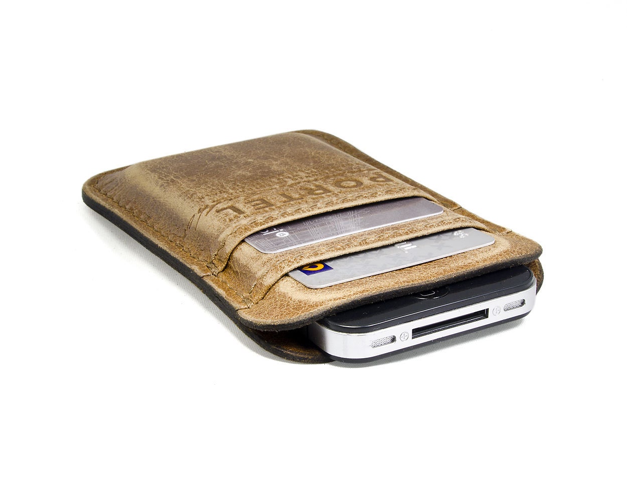 RETROMODERN aged leather iPhone 4 pocket - - CARAMEL