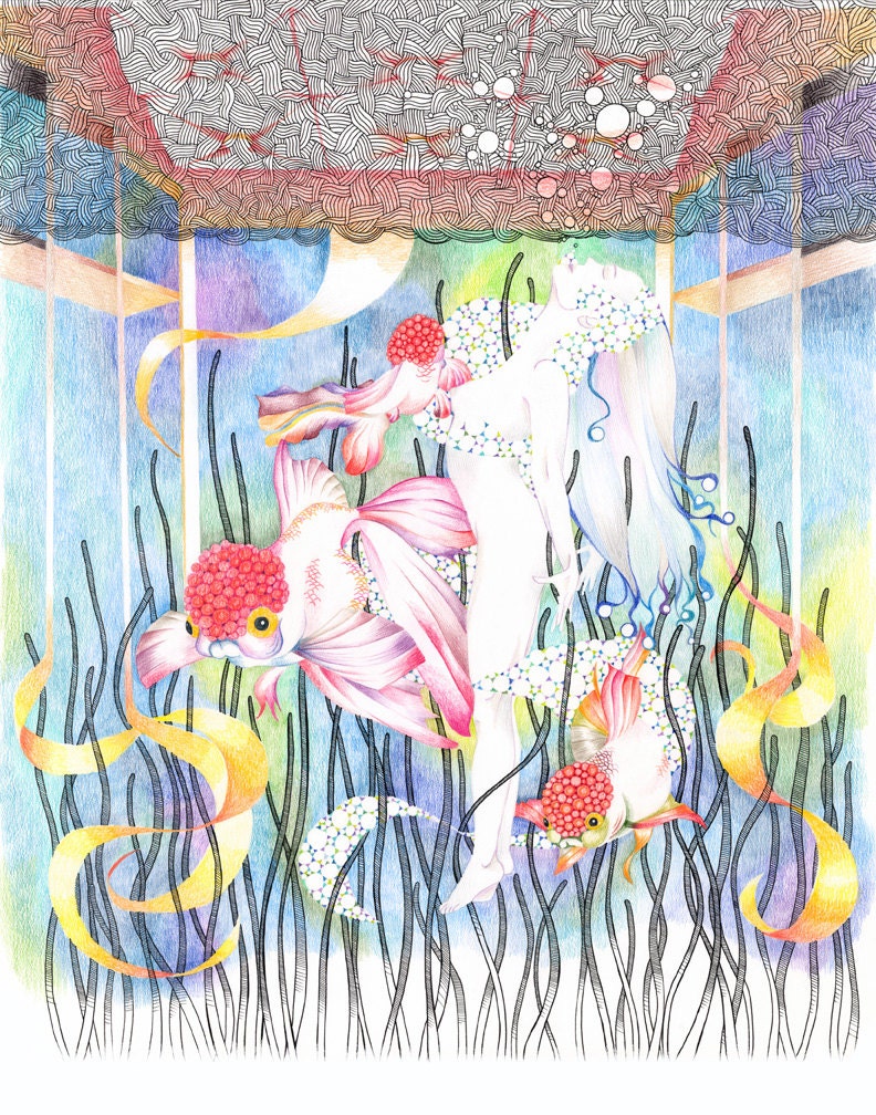 Giclée print - Nude Woman Swimming with the Oranda Fish in a Theater (illustration 11x14)