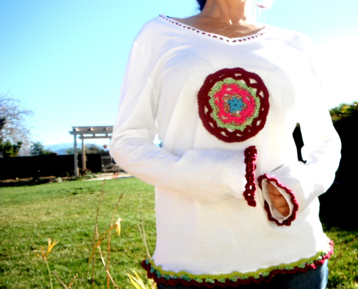 Bohemian Clothing Long Sleeve Shirt Crochet Top Art Wear Yoga Top Hippie Shirt by Freckles California unique OOAK