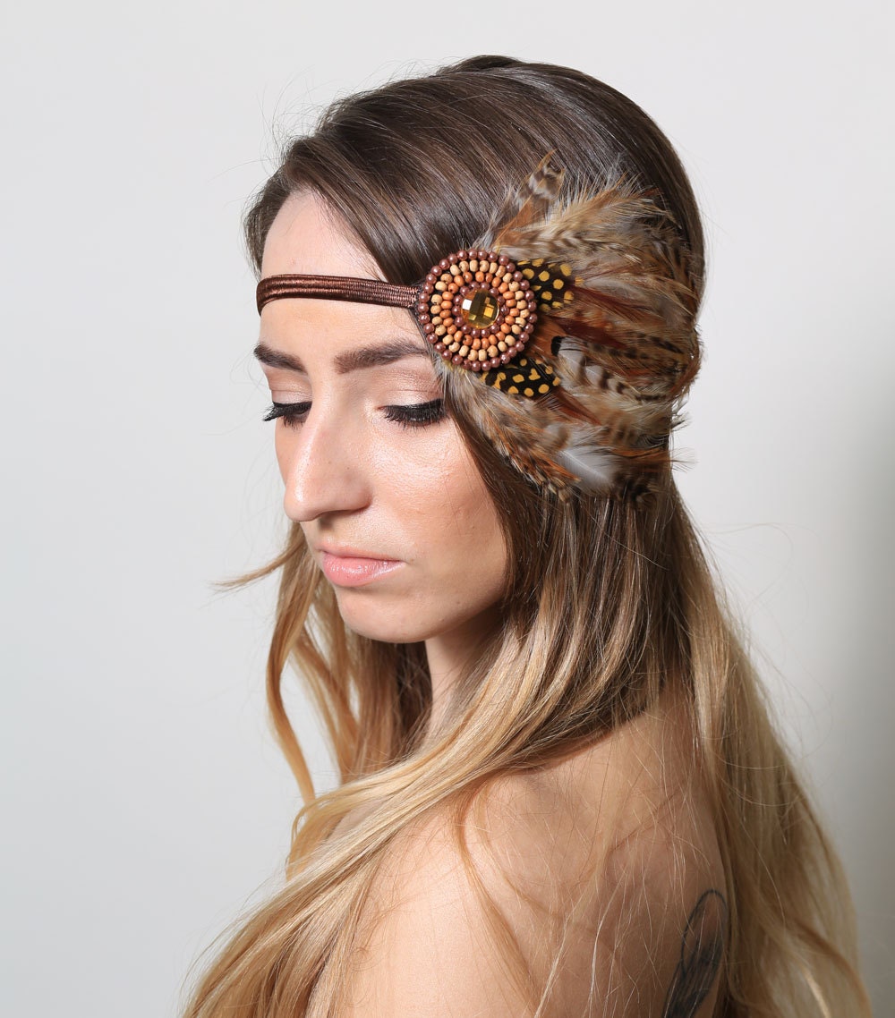 Large Tribal Feather Beaded Bohemian Headband - gypsy, hippie, warrior, black, rust, brown