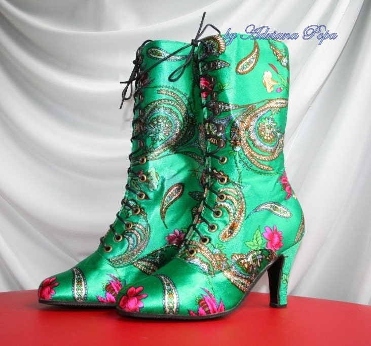 Victorian Boots High Heels Lace up Ucraina Flowers Green print Order your customized Boots