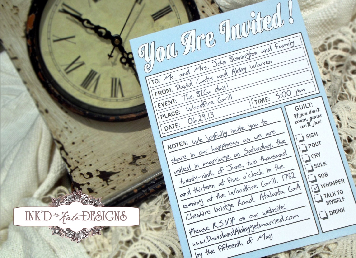 Whimsical Desknote Style Wedding Invitation DEPOSIT