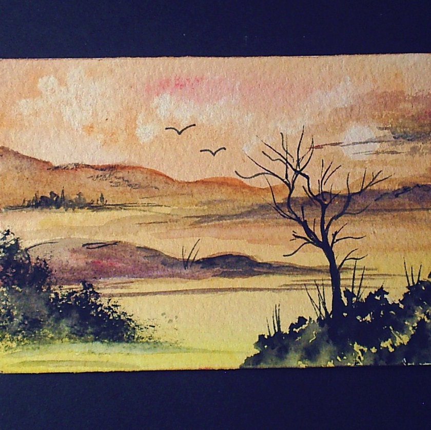 aceo original winter sunset landscape POST FREE
