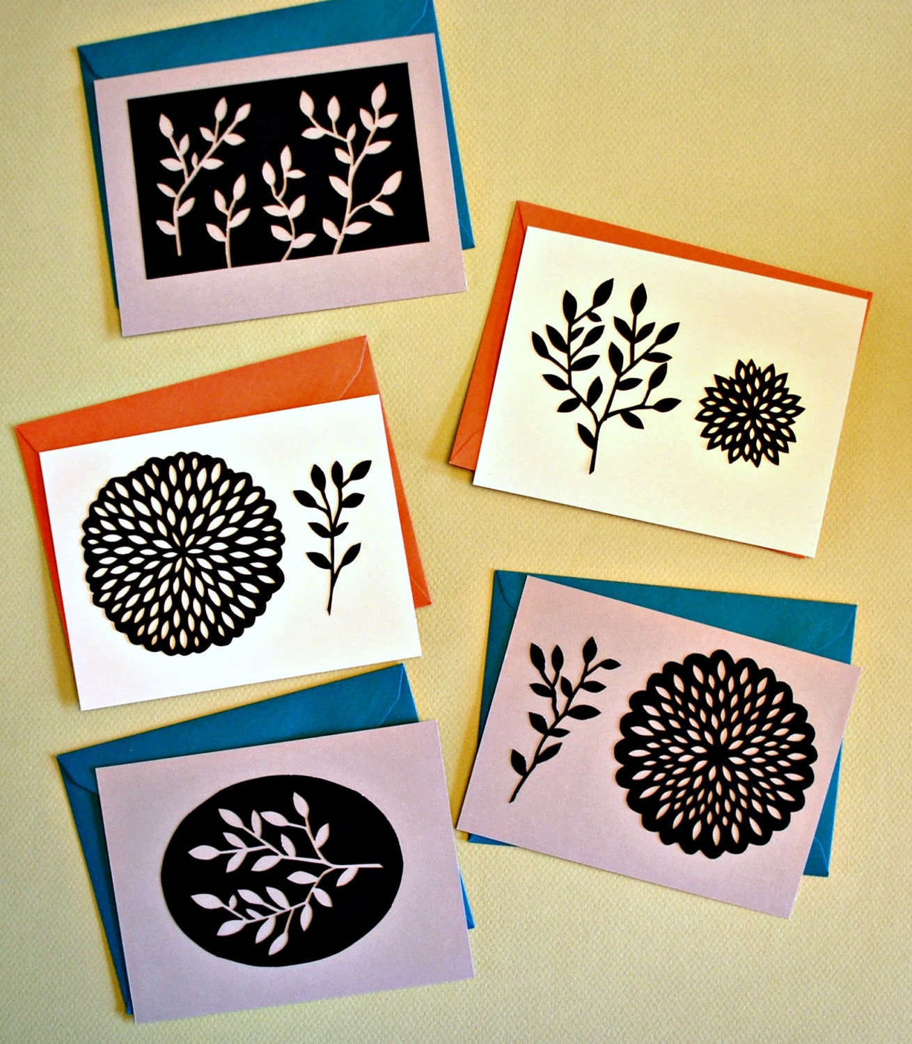 Flora note card set with cut paper artwork.