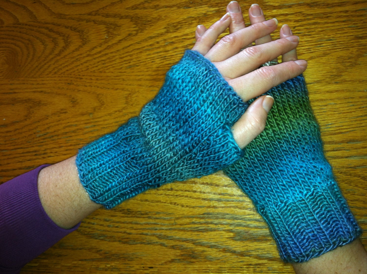 Soft Knit Fingerless Gloves - Shades of Blue and Green Yarn S/M