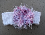 White Baby Infant Knit Headband with Fancy Pink and Lavender Flower