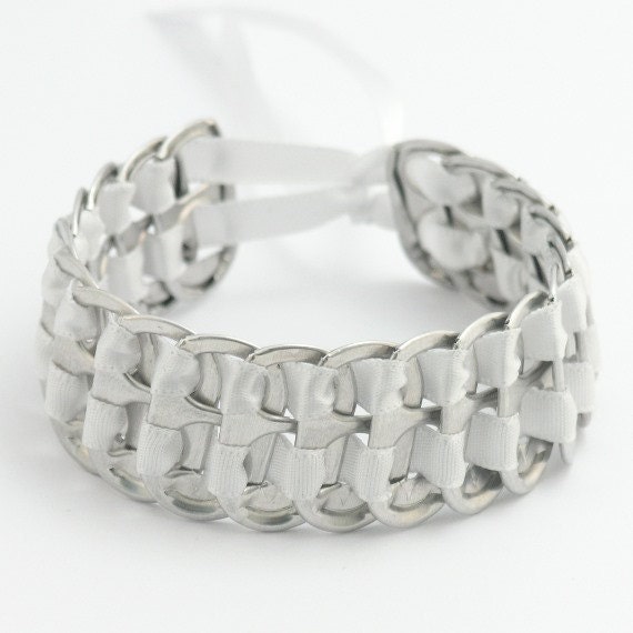 Upcycled pop tab bracelet - white, stacked weave,  7  inch