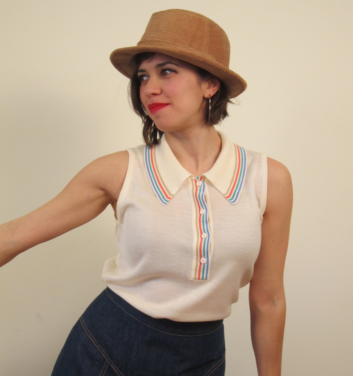 Vintage 1970 Sleeveless Top in Cream Colored Knit and Rainbow Striped Trim
