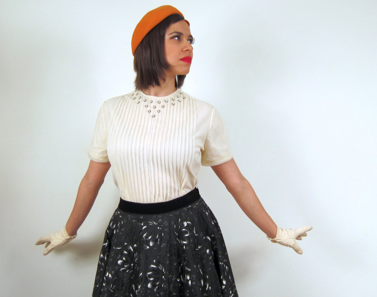 Vintage 1940s Blouse with Pleated Front Beads and Pearls Button Down Back