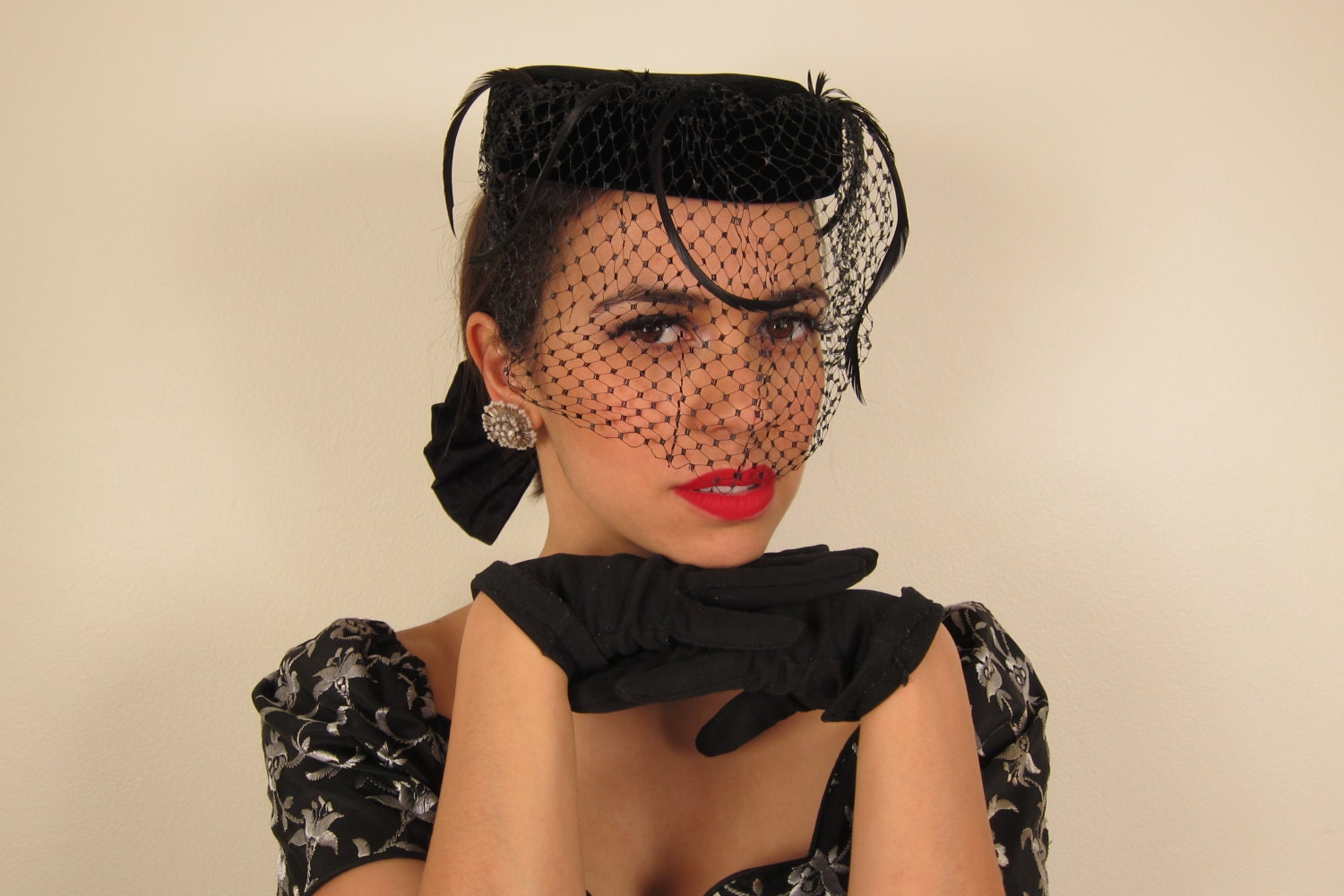 Vintage 1950s Black Pillbox Hat with Veil and Feathers Mandel Brothers Chicago