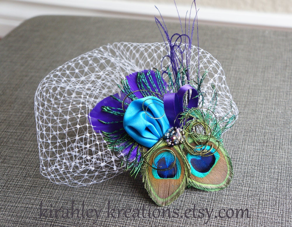 PURPLE CAPRICE w/ Birdcage Veiling -- Bridal Wedding Peacock Feather Fascinator Headpiece Hair Clip, Customize in Your Wedding Colors
