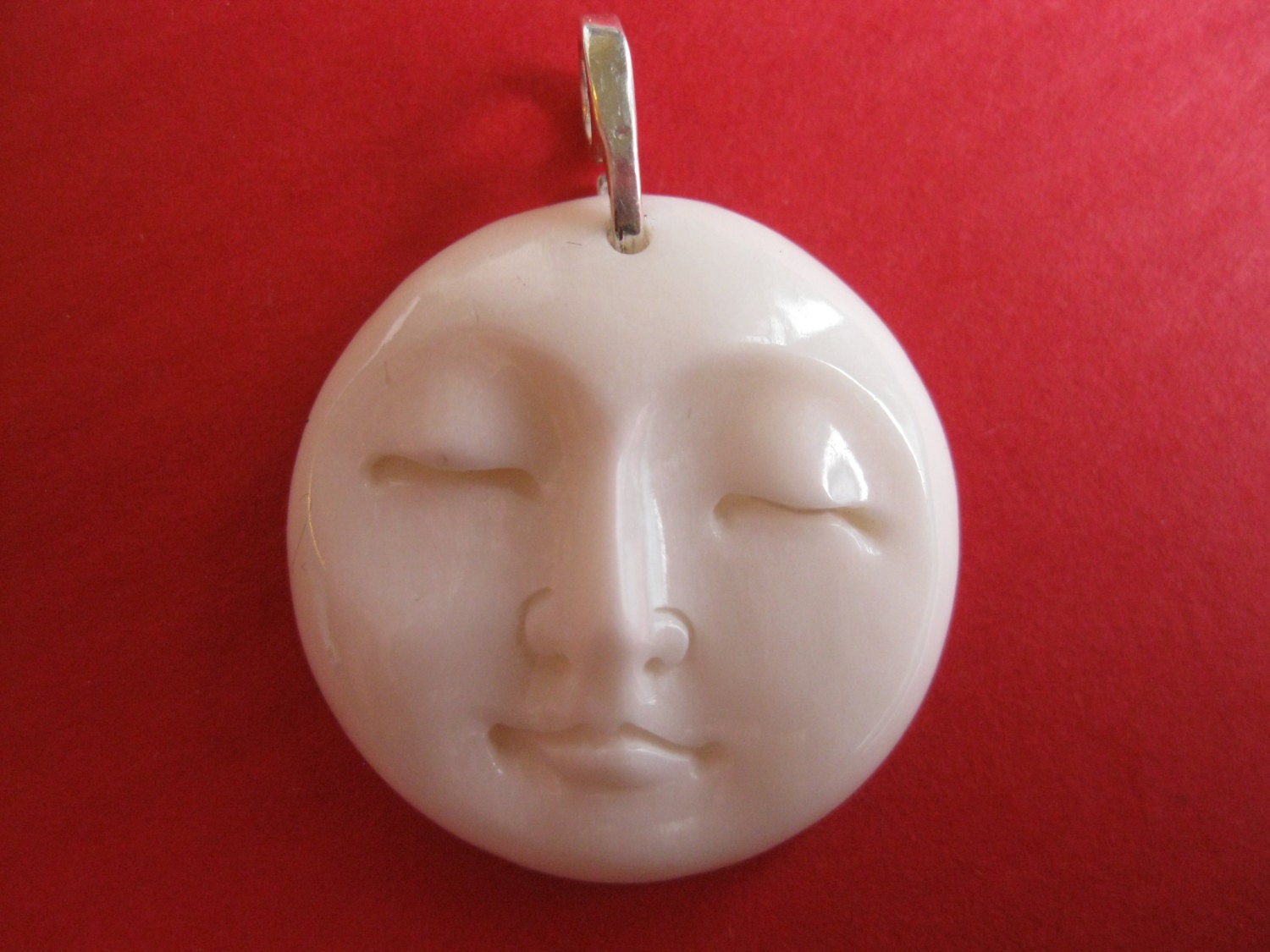 Bone carved Pendant, Full Moon Face, Goddess, Sun, Sterling silver bale.