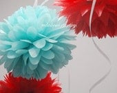 10 small tissue pom poms with ribbon, 9'' ball, party decoration, choose your colors