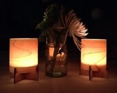 Modern Wood Veneer Tealight Candle Lanterns with Bamboo Base - Set of 4 -  Night Light Ambient Accent Lighting Votive Holder Luminaire
