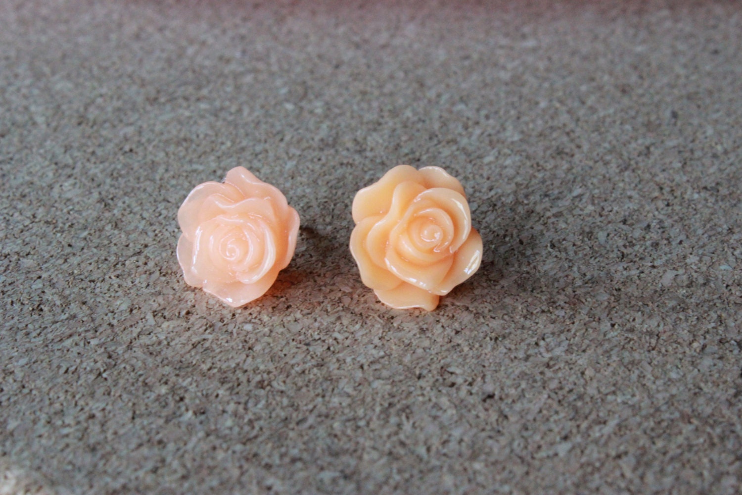 Little Shiny Pale Salmon Pink Resin Cabochon Rose Stud Earrings