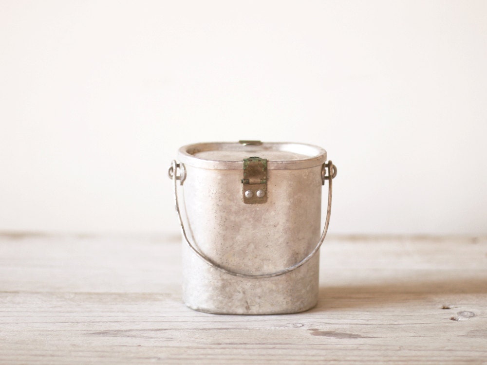 Vintage miners lunch box, French aluminum lunch pail, Kitchen storage