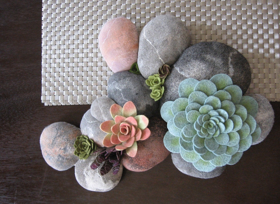 felt succulent plant and faux rock soft sculpture