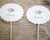 Cupcake Picks Bride and Groom Flower design Set Of 10
