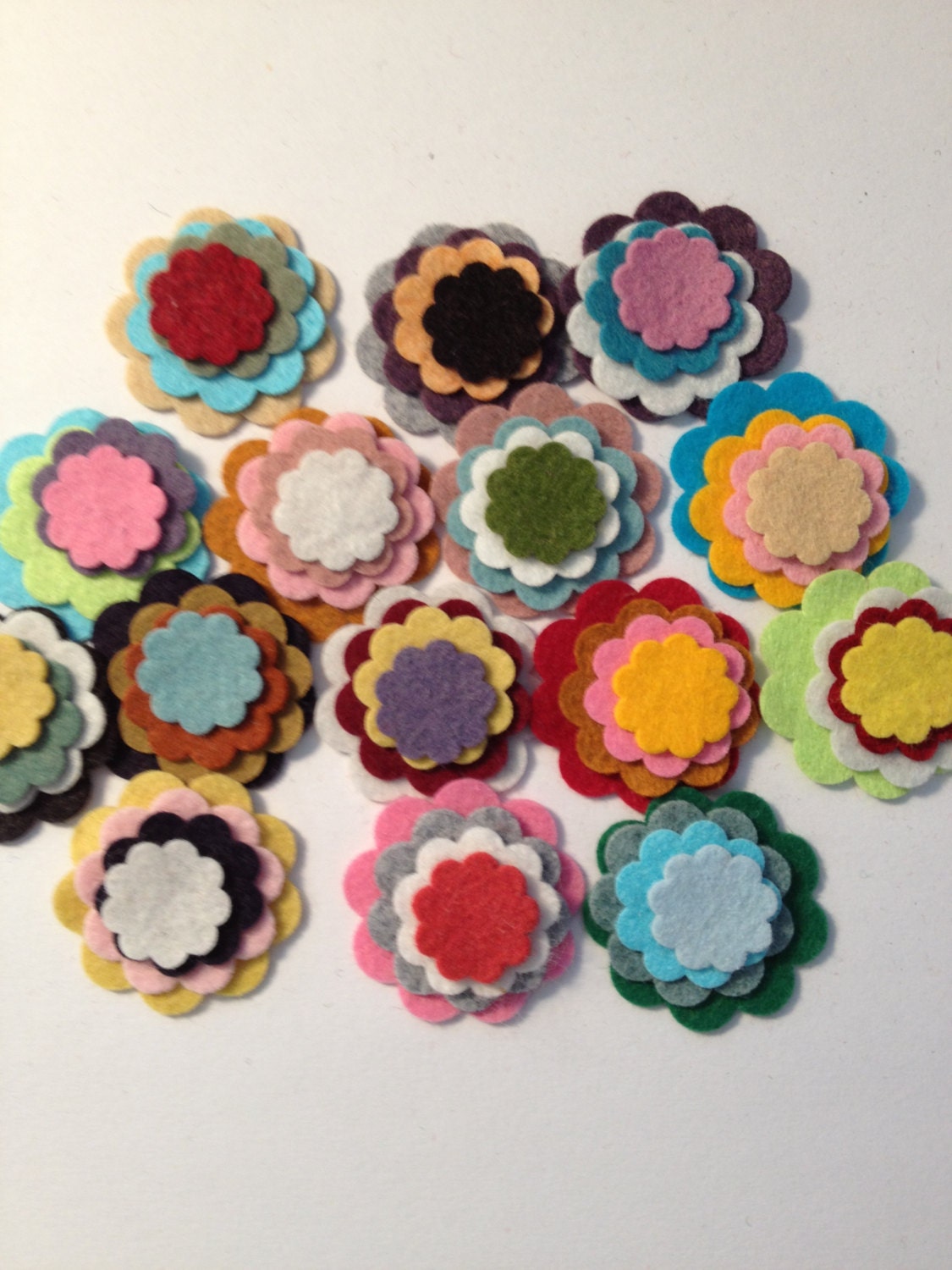 Wool Felt Scallops 60 total - size range 1/2' - 1 1/4" Random Colored. 1719
