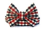 American Gingham Bow Tie Dog Collar with Nickel Plate Hardware - Red White Blue